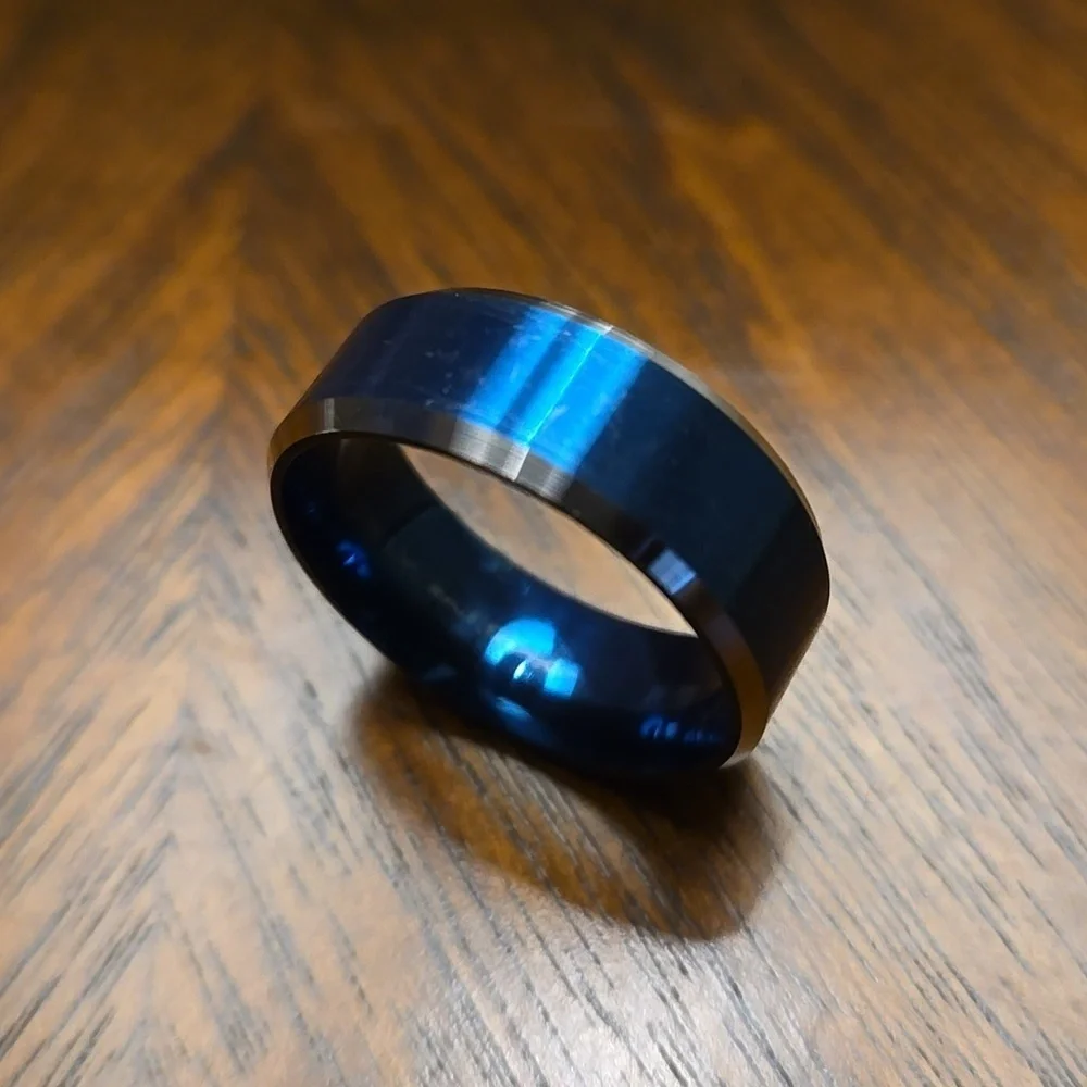 Men'S Tungsten Steel Ring With Blue Sand Finish And White Edge Size 10